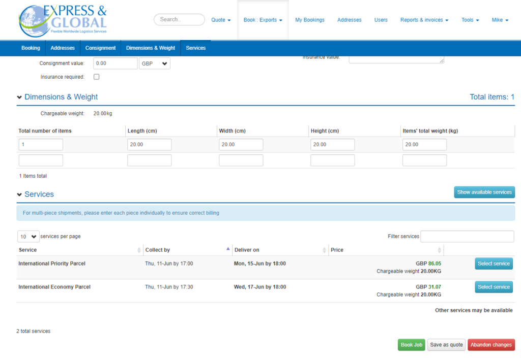 A screen grab of Express & Global's online booking platform