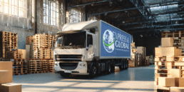 Express & Global lorry inside a depot surrounded by parcels and pallets