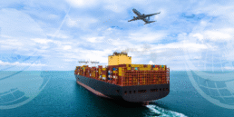 Airplane flying over cargo ship
